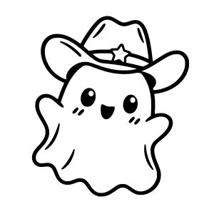 Kawaii ghost svg wearing a cowboy hat, bold black vector line art on a white background.
