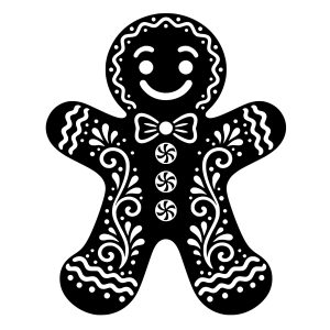 free Intricate black gingerbread man svg silhouette with ornate white icing details on a clean white background