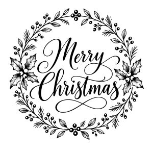 free Elegant black-and-white Christmas wreath svg with calligraphy, holly leaves, berries, and delicate botanical details.