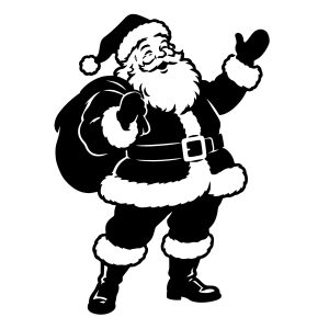 free black Santa Claus svg silhouette on a white background, waving with a gift sack.