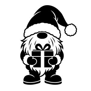 free Black silhouette svg of a cute Christmas gnome wearing a Santa hat and holding a present on a white background.