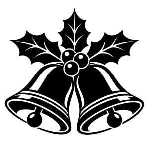 free bold, black-and-white illustration svg of two overlapping Christmas bells decorated with holly leaves and berries.