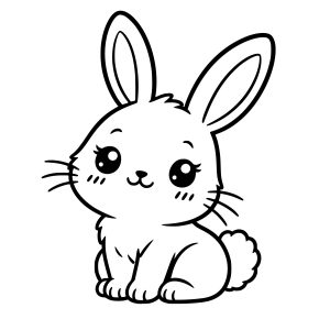 free Kawaii rabbit svg, bold black vector outlines, cute oversized eyes, minimalist line art, clean white background.