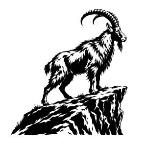 free black-and-white mountain goat svg silhouette on a rugged cliff, with a clean white background and bold, vector-style detailing.