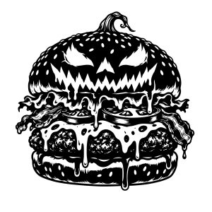 free spooky black-and-white Halloween burger svg silhouette on a clean white background, with intricate ink-style details, a jack-o’-lantern bun, dripping cheese, and gothic linework.