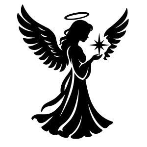free black Christmas angel silhouette svg on a clean white background, with a halo, flowing gown, feathered wings, and a radiant star.