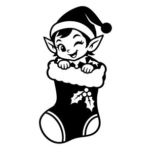 free black Christmas elf svg peeking out of a stocking, winking, in a bold silhouette style on a white background.