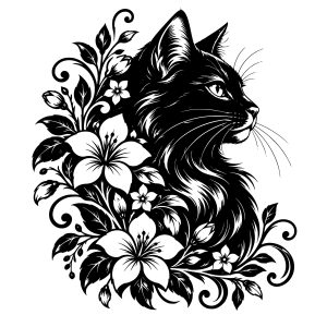 free Elegant black cat svg with intricate floral ornaments, bold black-and-white vector art, and graceful ornamental details.