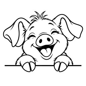 Cheerful free cartoon pig svg peeking over a fence, black-and-white square design.