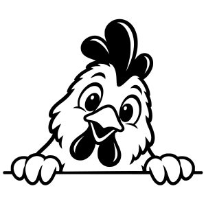 free peeking chicken svg looking over line. Bold black-and-white cartoon artwork with smooth, solid silhouettes